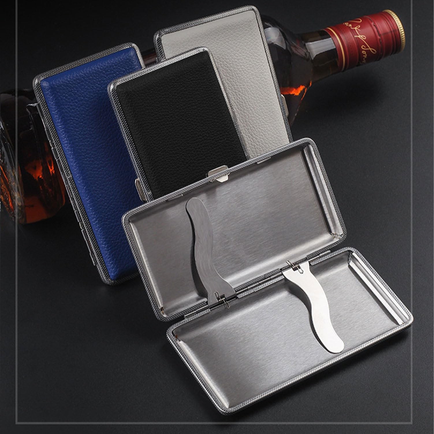 Leather Cigarette Case 14 King Size 120mm Black Metal Box Gift