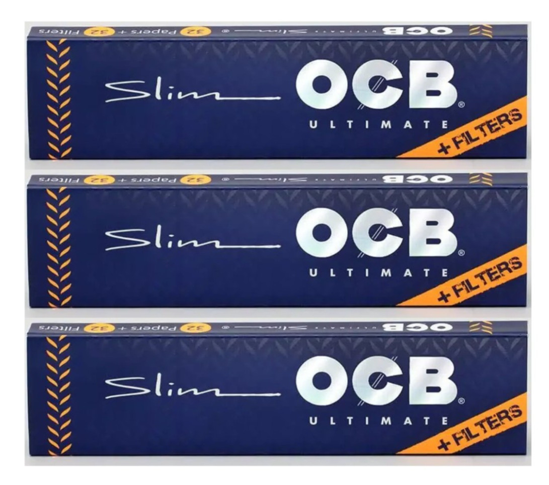 3x OCB King Size Slim Rolling Papers Ultimate Thin w/TIPS 32 Lvs/Pk *USA SHPD*