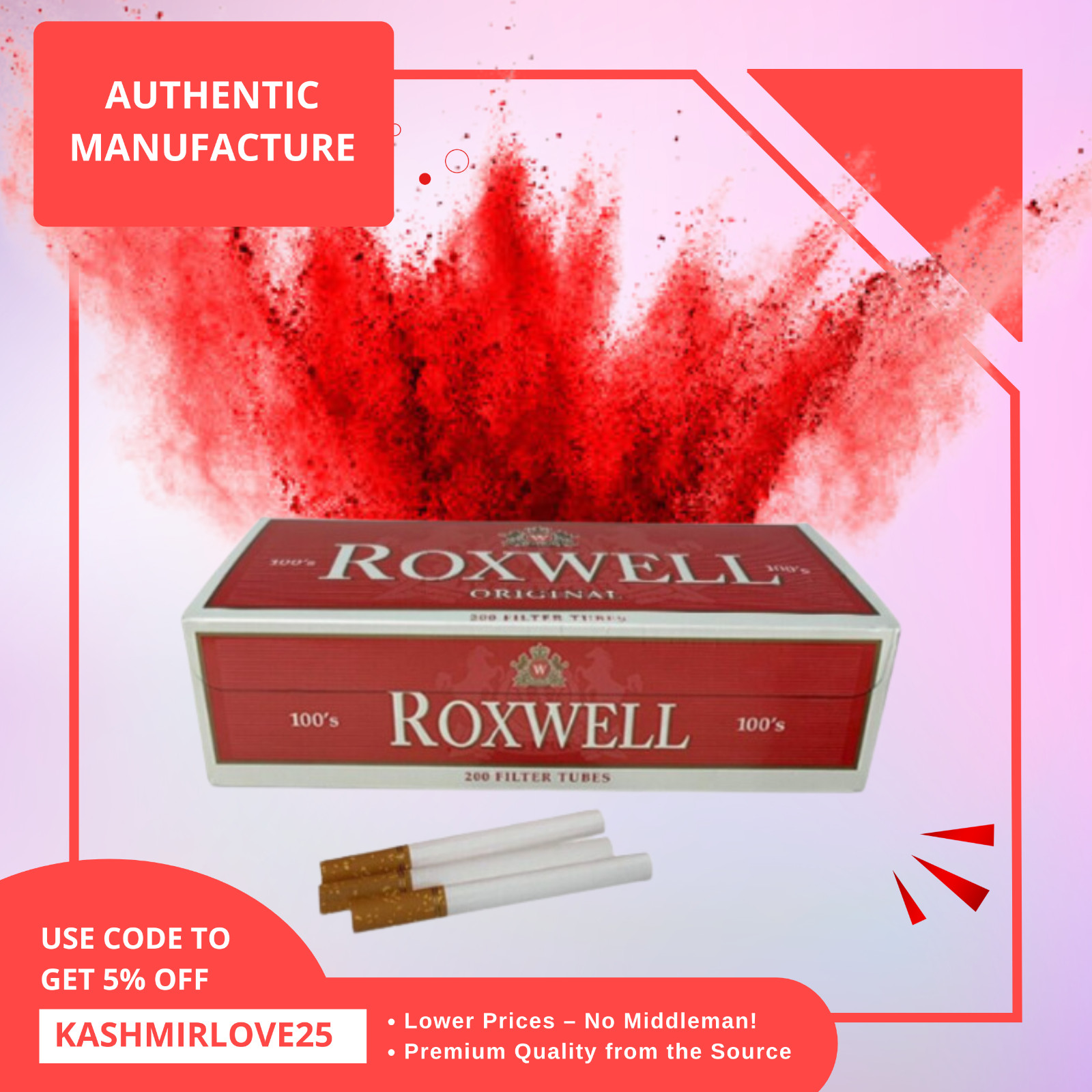 Roxwell Cigarette Tubes 100s Size Red Original Pre Rolled Tubes 200/Pack 1000 Ct