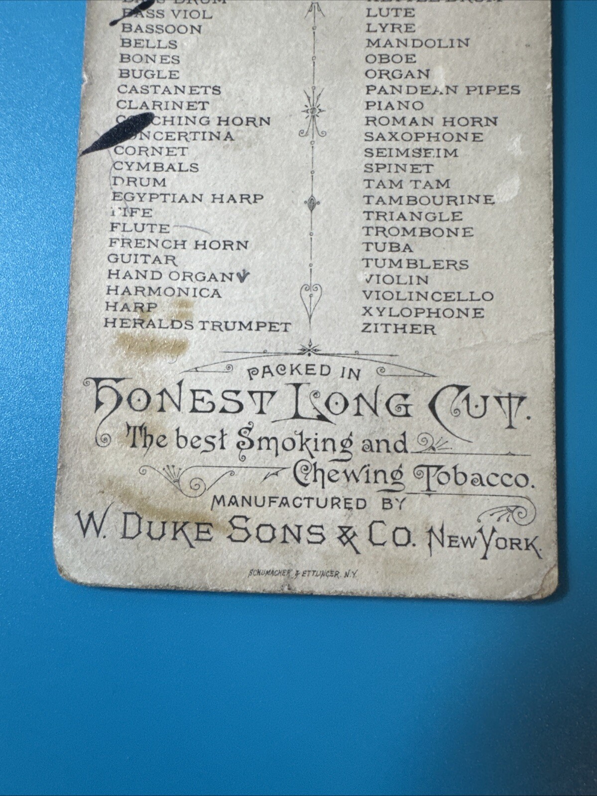 1888 N121 Duke Honest Long Cut Tobacco “MUSICAL INSTRUMENTS” Hurdy Gurdy / Organ