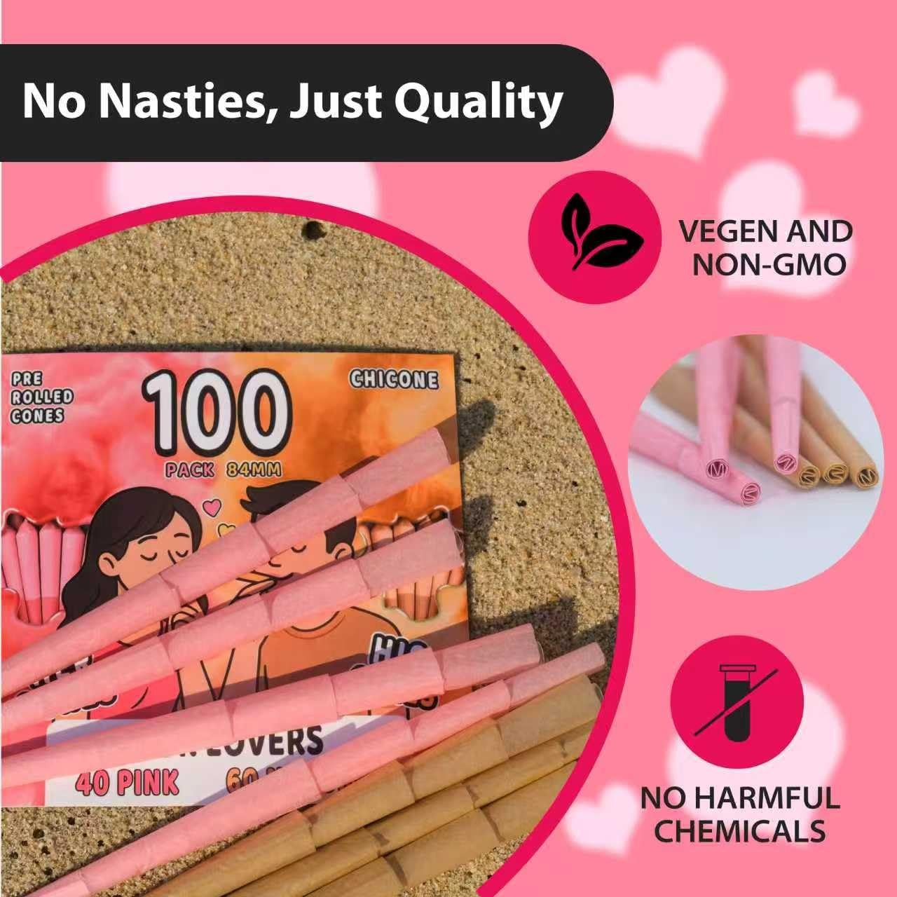 100 Cones Rolling Paper King Size 84mm Pre Rolled Slow-Burning | 40 Pink+60 Wood