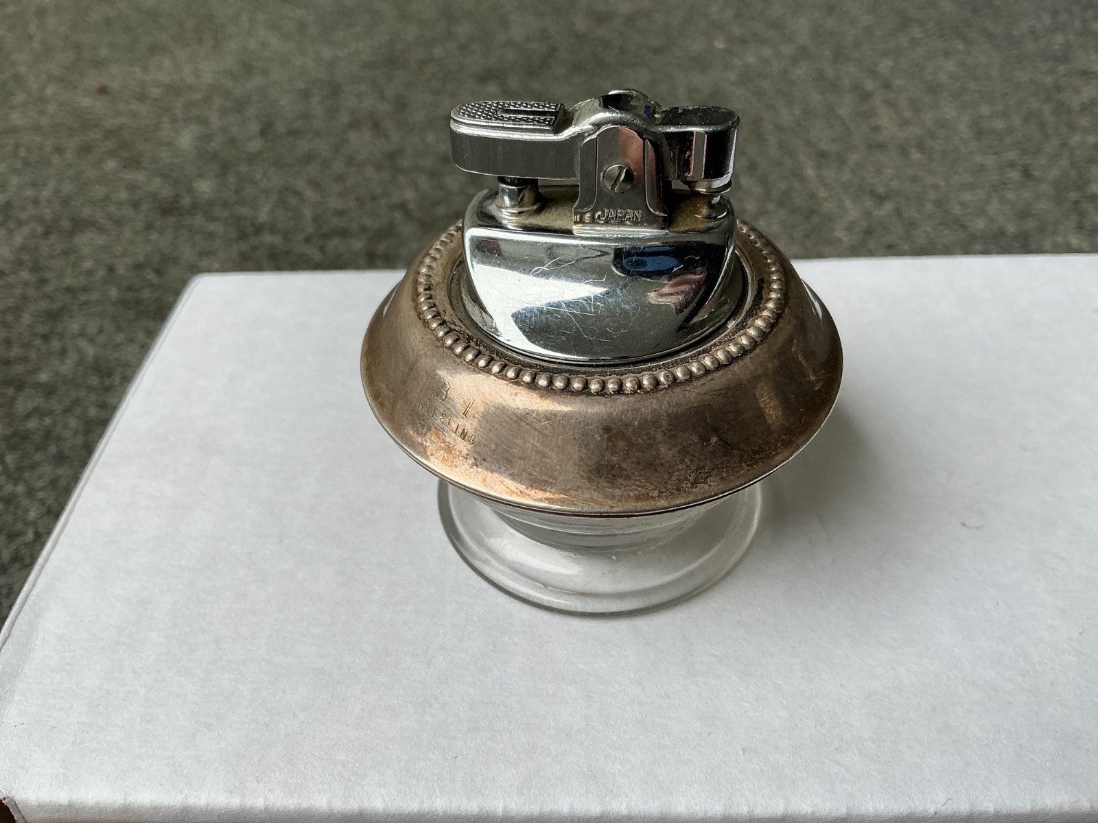 Four Star Sterling Silver Top & Glass Base Vintage Table Lighter, Made In Japan