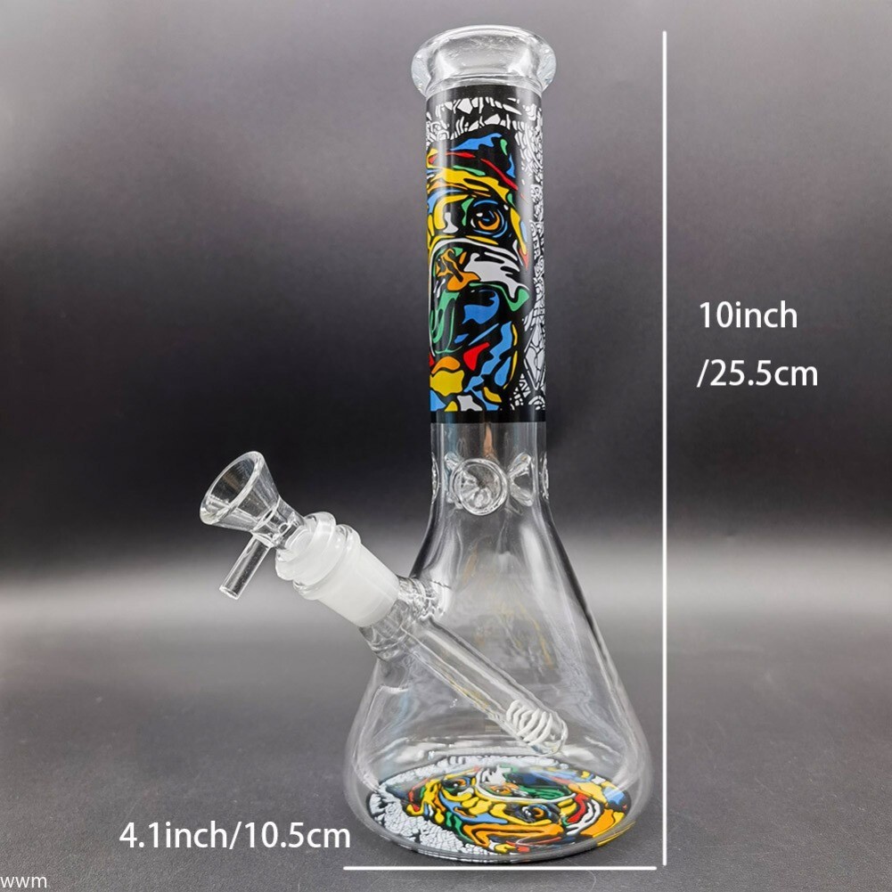 10 Inch Abstract Dog Pattern Glass Bong Smoking Hookah Water Pipe Bubbler +Bowl