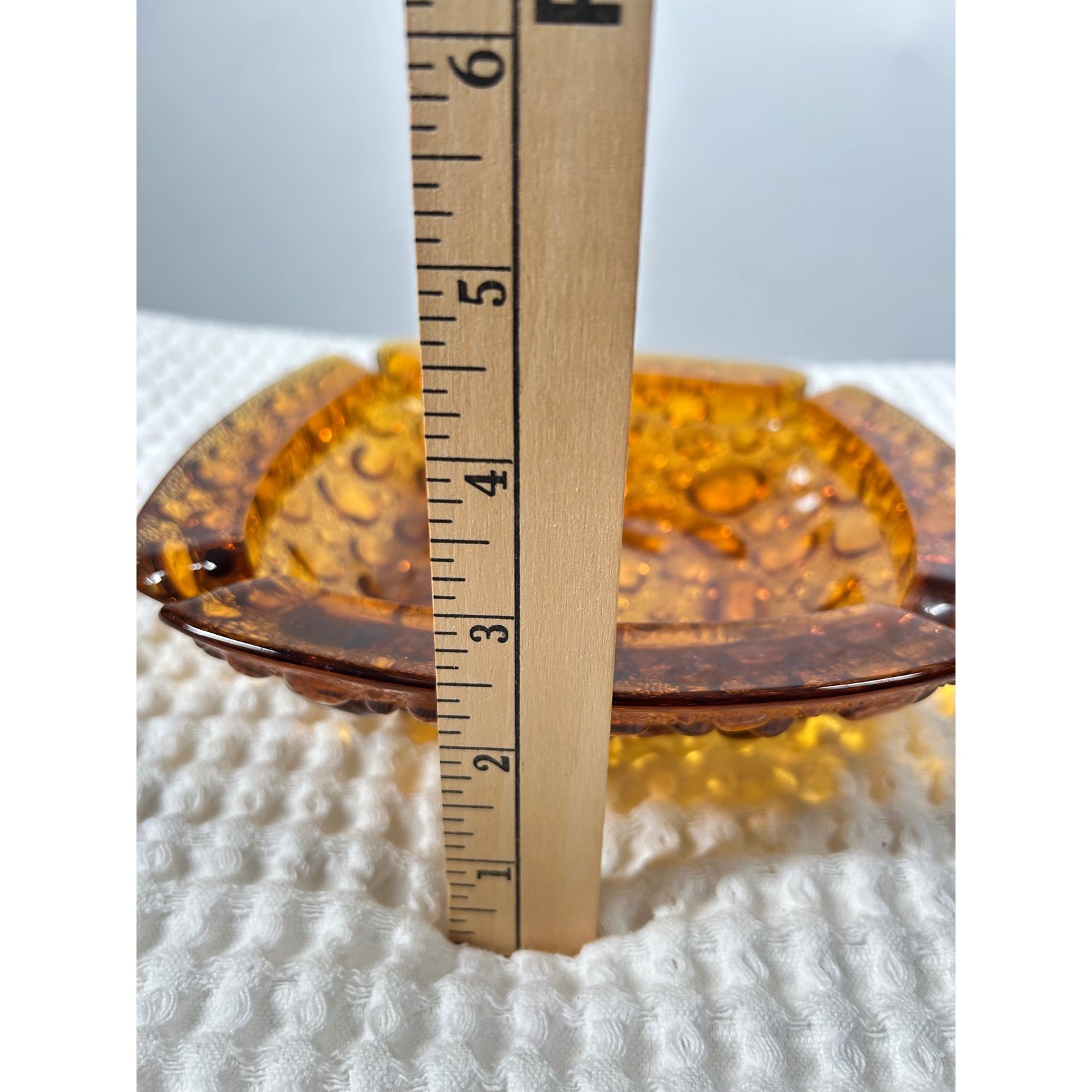 Vintage Amber Glass Ashtray 8in Square Bubble Pebble MCM Retro Decor