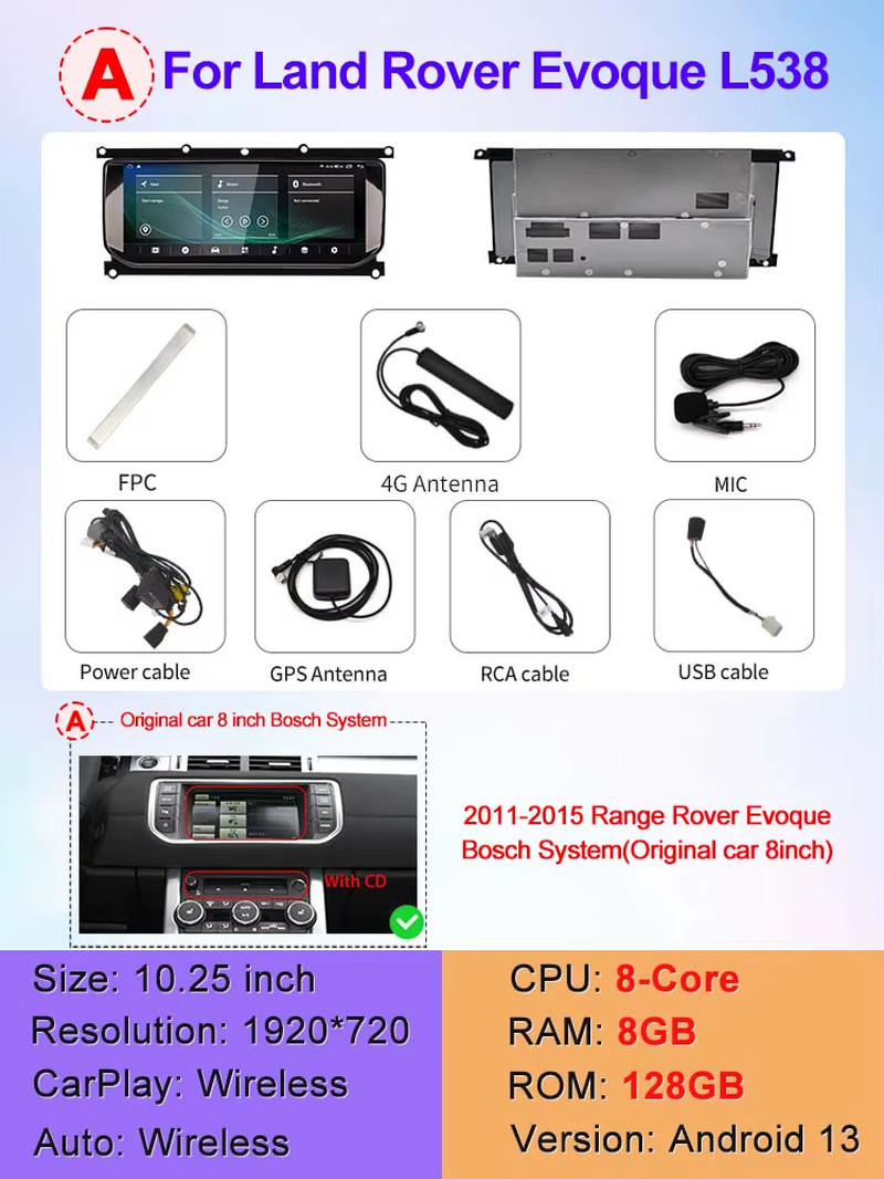 10.25inch HD 8 Core Android13 Wireless Carplay Auto For Range Rover Evoque L538 