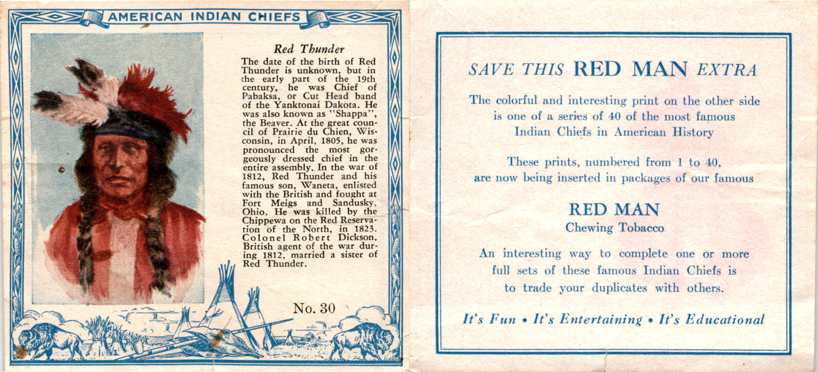 T129 Red Man Chewing Tobacco, American Indian Chiefs, 1952, #30 Red Thunder