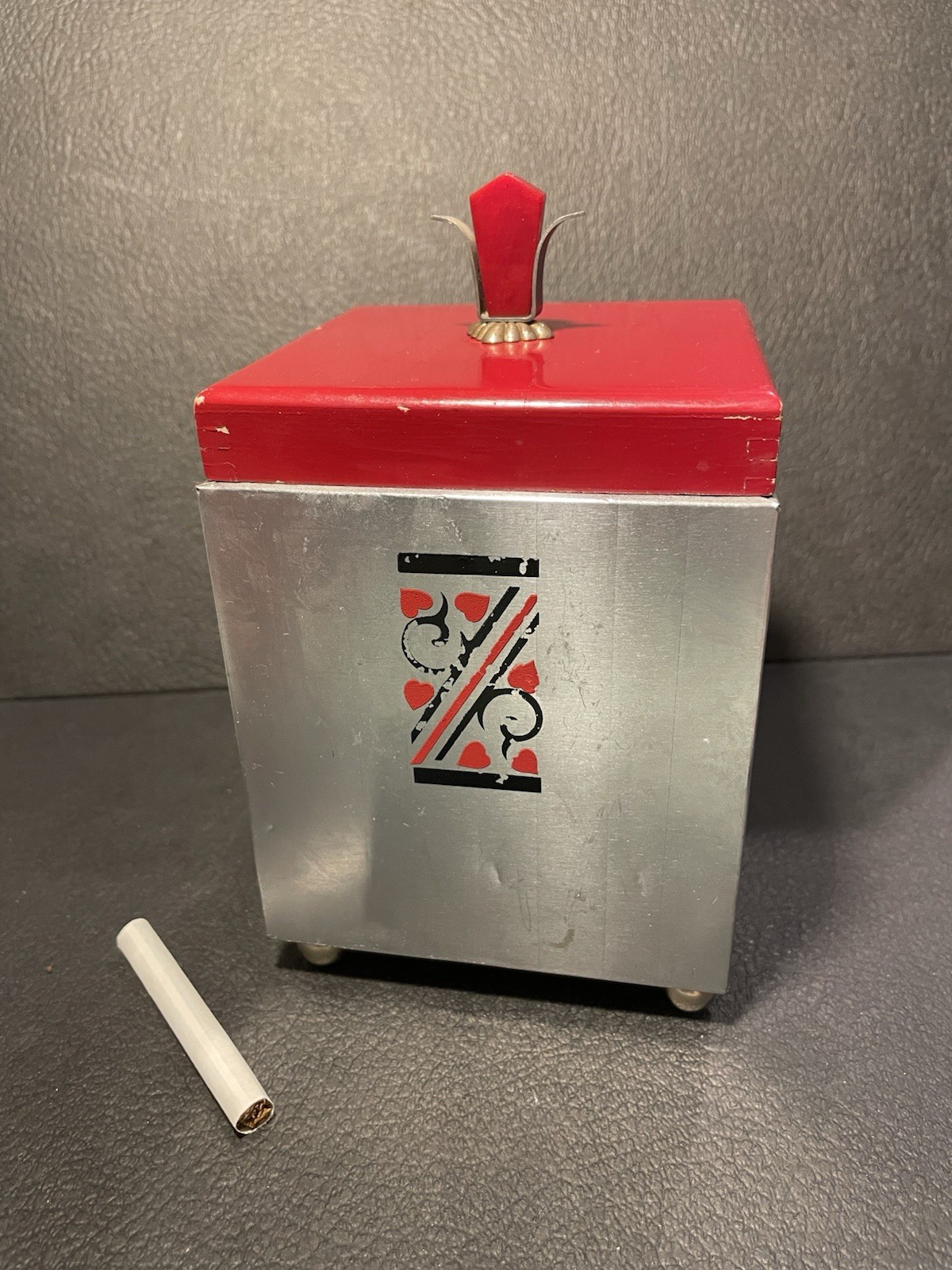 MCM Art Deco Tabletop Cigarette Holder Dispenser Silver & Red w Bakelite Handle