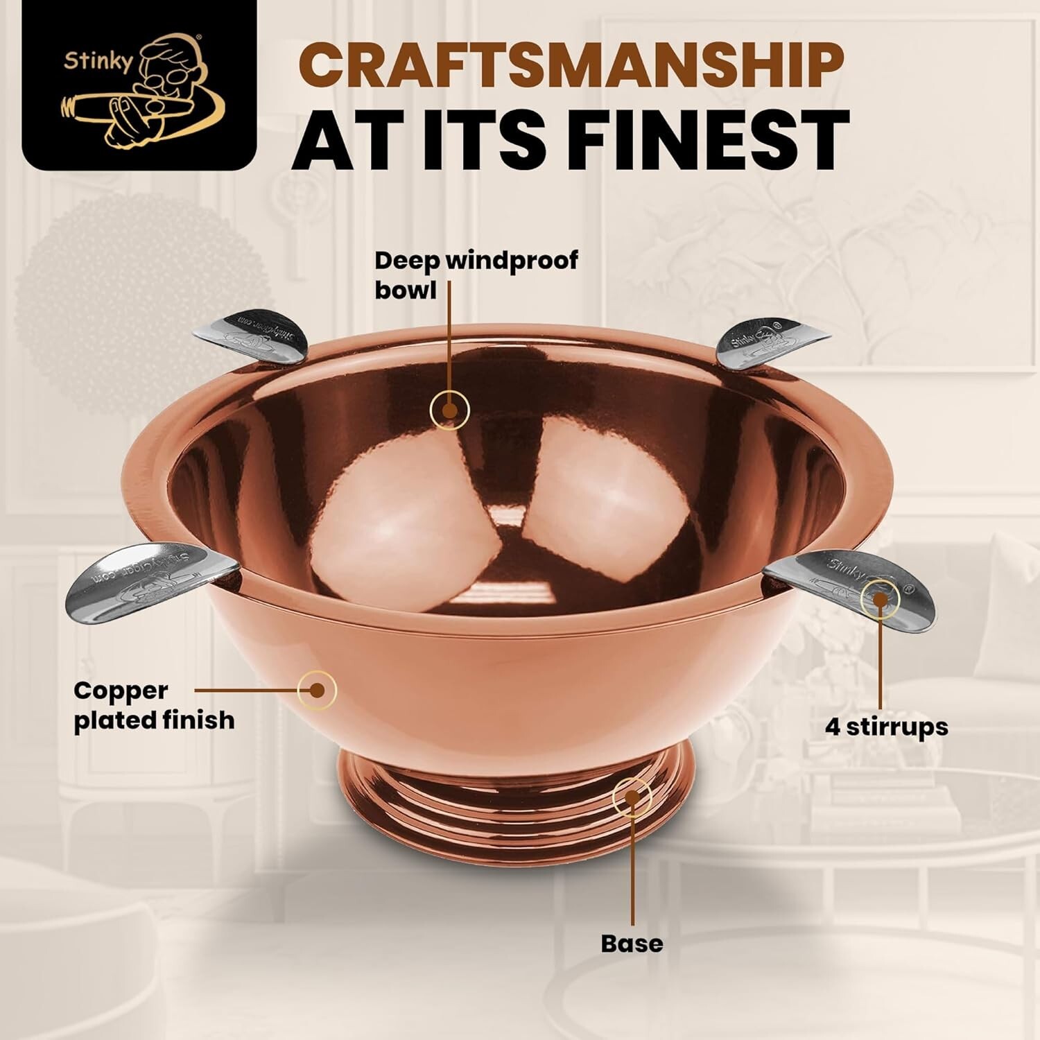 Stinky Cigar Ashtray, 4 Steel Stirrups, 8-Inch Diameter, 3-Inch Deep – Copper