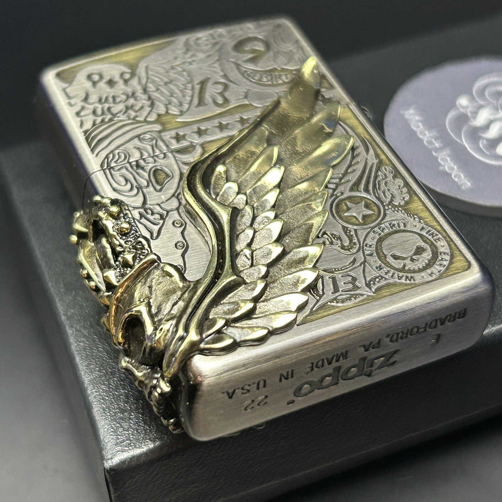 Zippo Lighter Fortune Head Lucky Owl Crown Skull 3 Sided Metal Gold Silver Brass