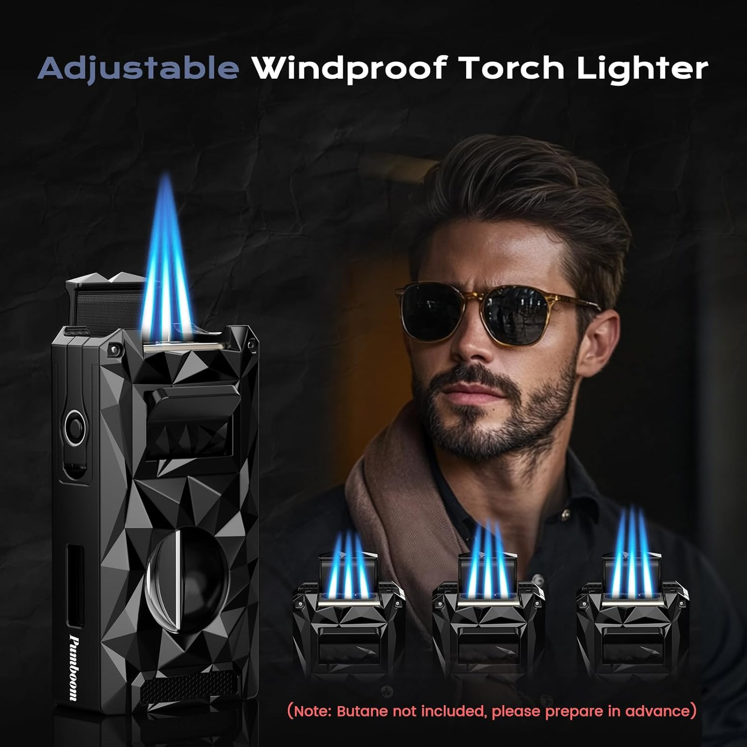 5-In-1 Windproof Lighter with Punch, Draw Enhancer, Holder, Triple Jet Flames an
