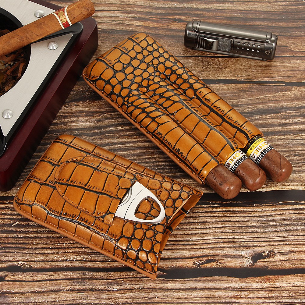 Galiner Crocodile Embossed Travel Leather Cigar Case Holder 3CT Tube W/ Cutter