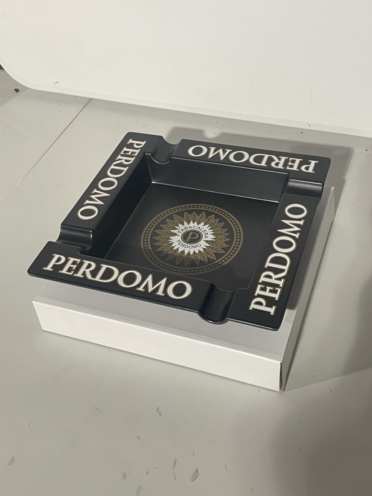 Perdomo Cigar Ashtray Black & Gold Logo Melamine 4 Cigar Finger Square 9.5″- NEW