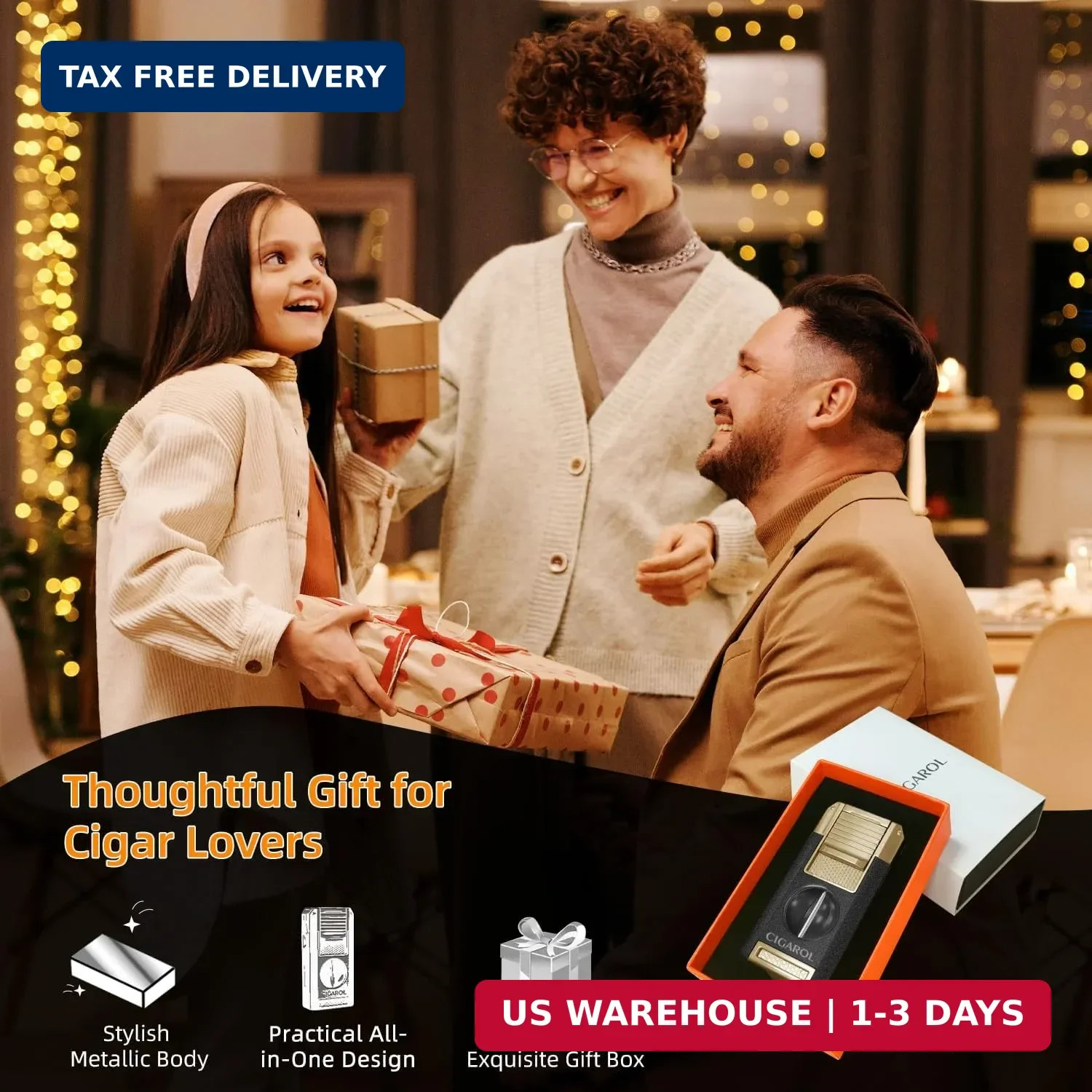 5-in-1 Cigar Torch Lighter, Double Jet Flame Butane Lighter with V-Cutter.