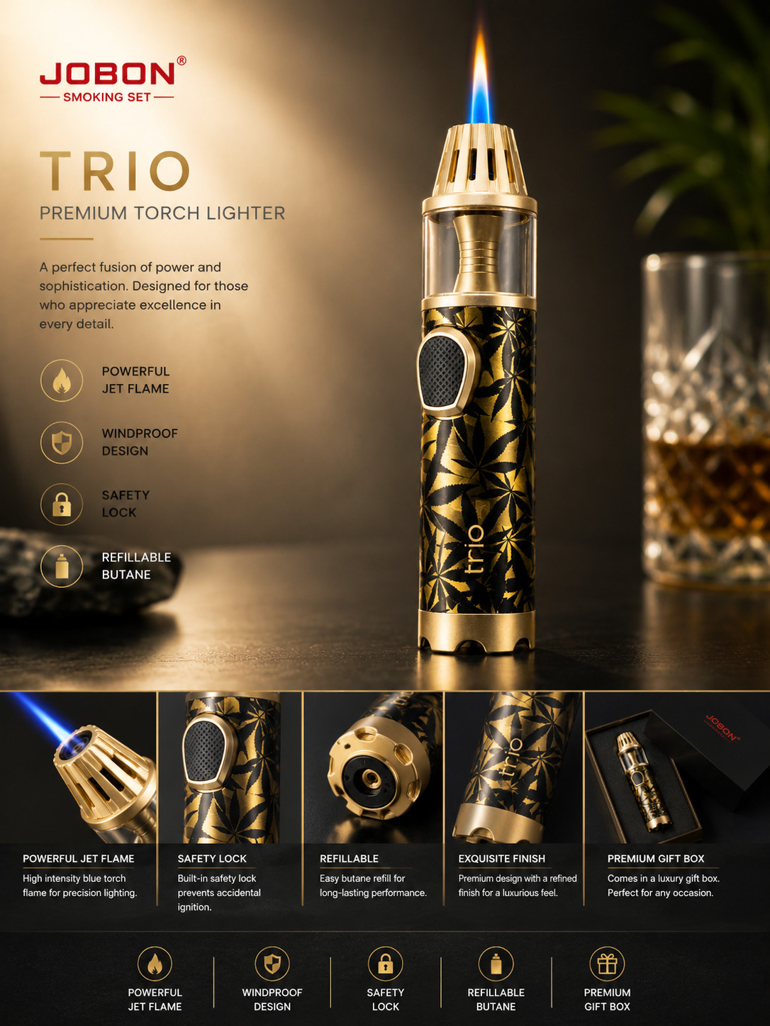 JOBON Torch Lighter Windproof Jet Flame Luxury Butane Gift Box