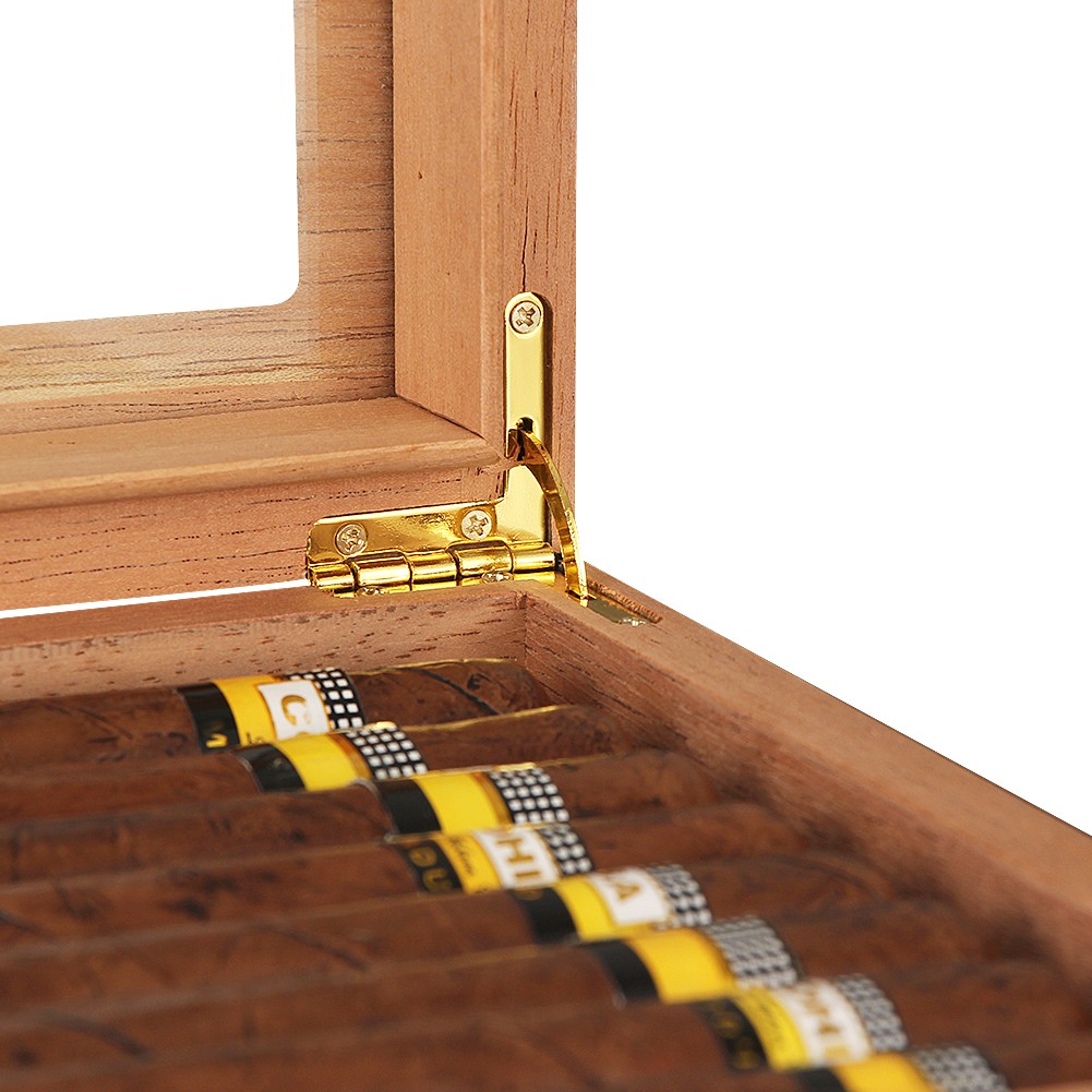 20 Cigars Humidor Storage Box Desktop Glasstop Humidifier Hygrometer Wood Box