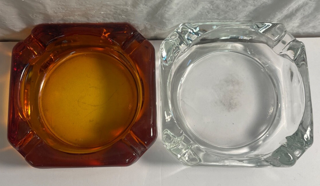 Set of 2 Square Ashtrays – Amber & Clear Glass – 3.75”