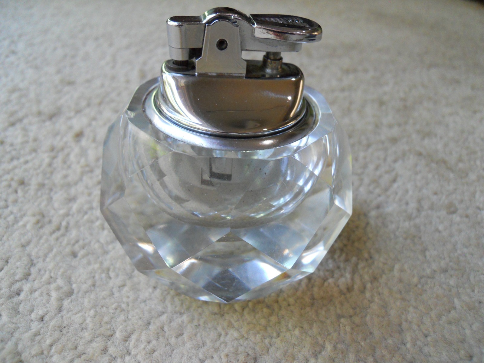 Vintage Heavy Clear Crystal Cut Glass Gas Table Lighter, Chrome Top. Japan.