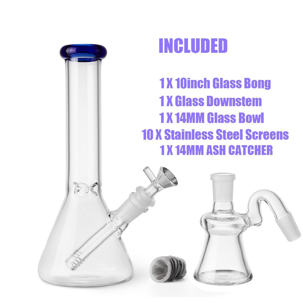 10″ Glass Beaker Bong Ash Catcher Water Smoking Tobacco Pipe 14MM Bowl 10 Screen