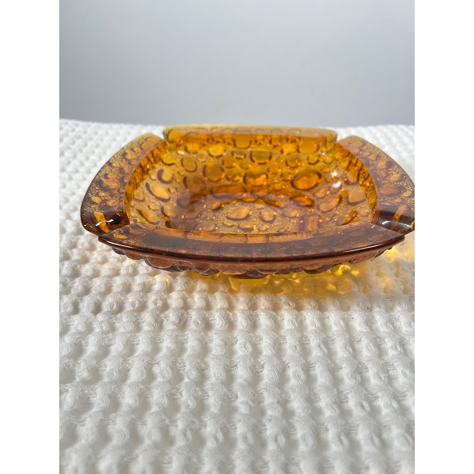Vintage Amber Glass Ashtray 8in Square Bubble Pebble MCM Retro Decor