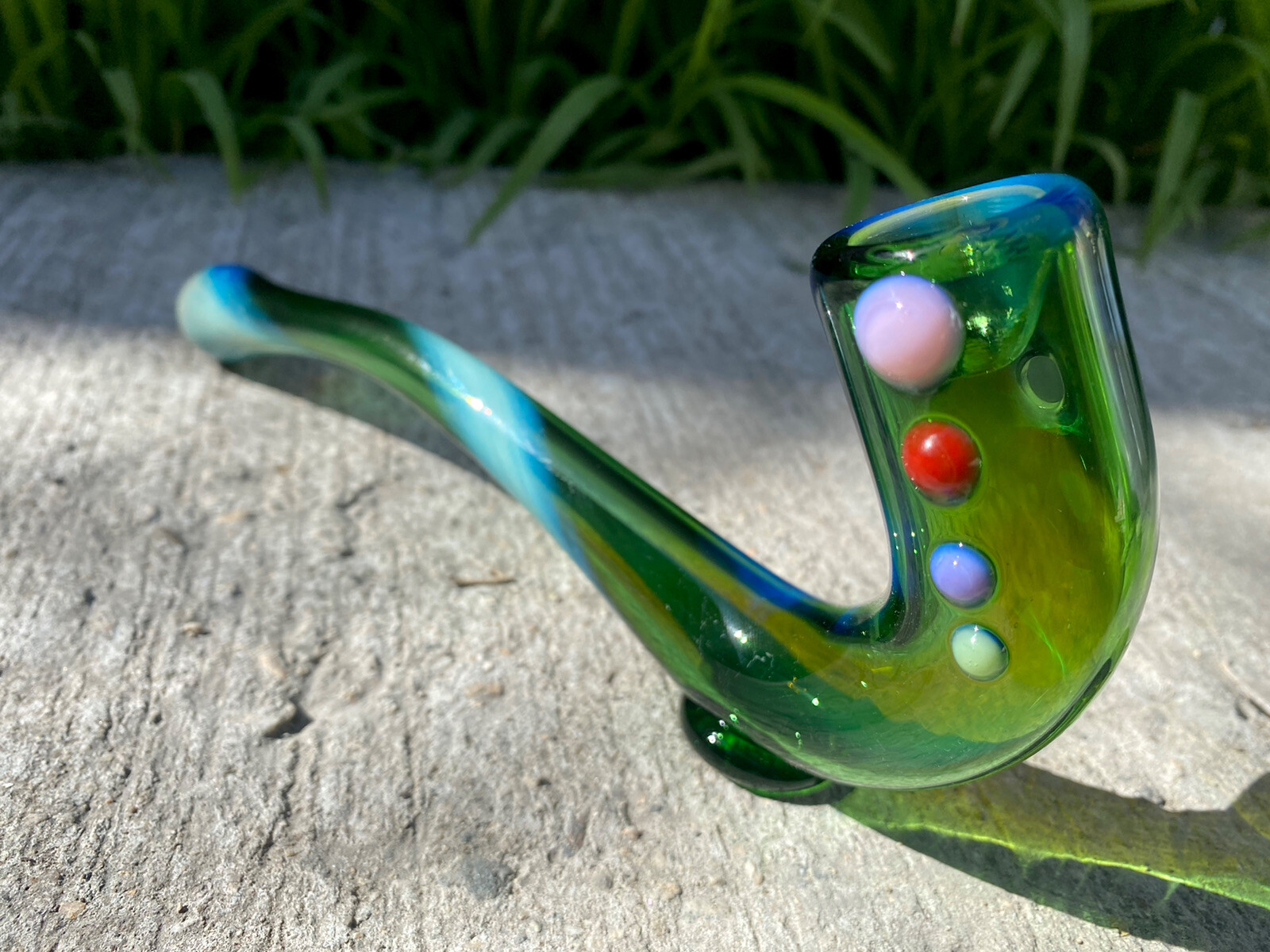 8.5” Green Sherlock TOBACCO Glass Pipe Silver Fumed