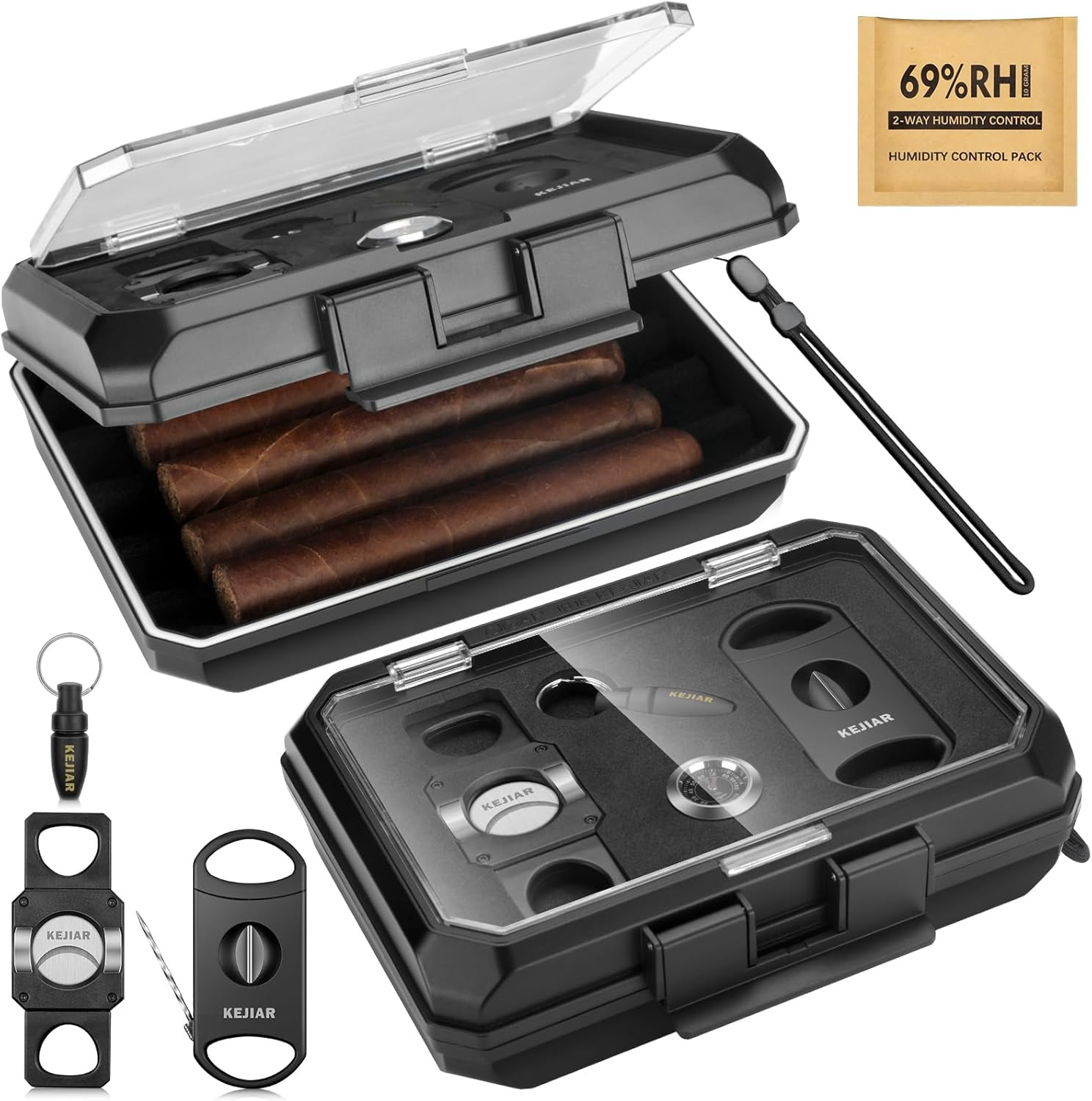 Travel Cigar Humidor Case Portable Cigar Box with 3 in 1 Cigar Cutter V Cut, 2 i