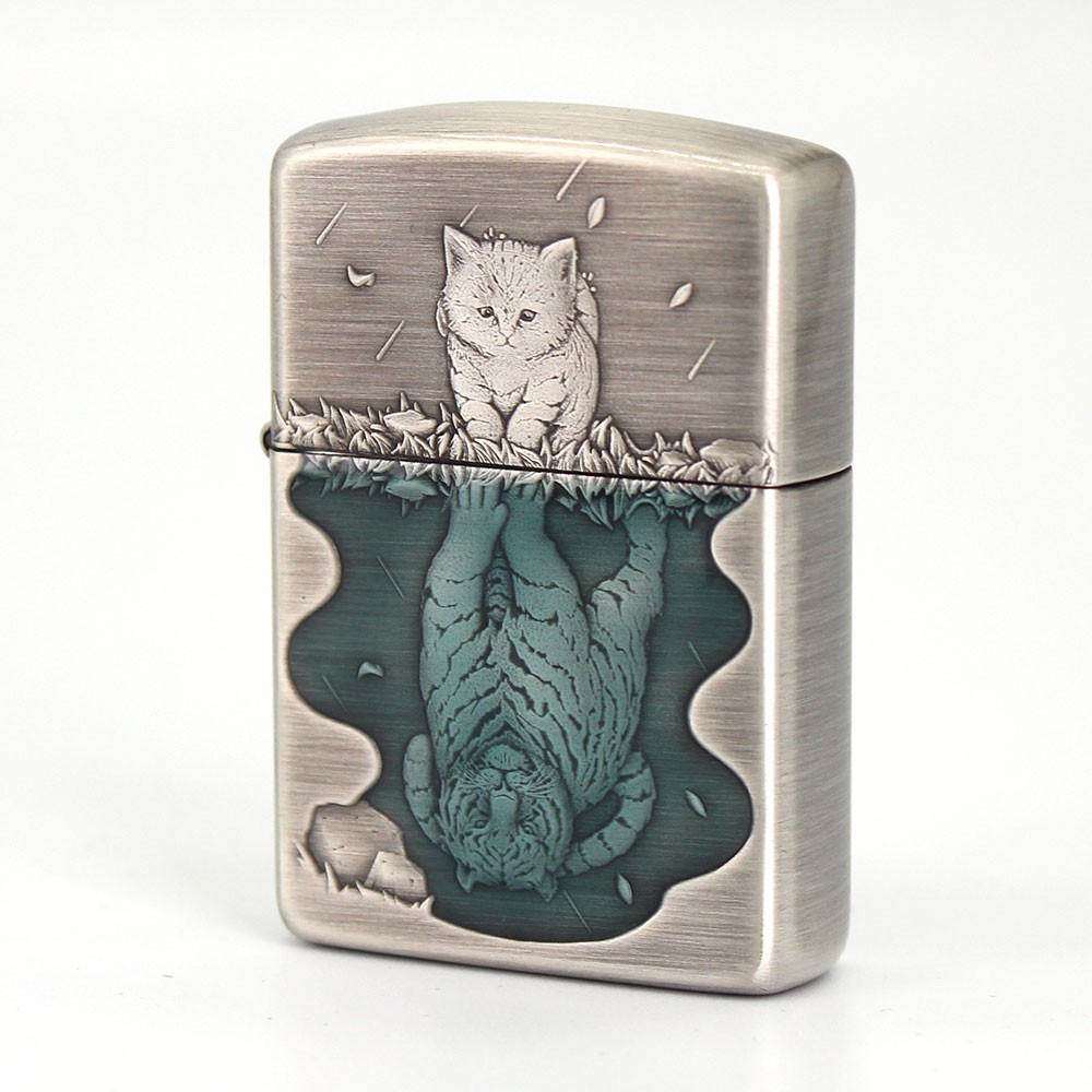 Zippo lighter 162 Armor Custom 3D Rendering/ Epoxy Inlay: Tiger in Kitten` Heart