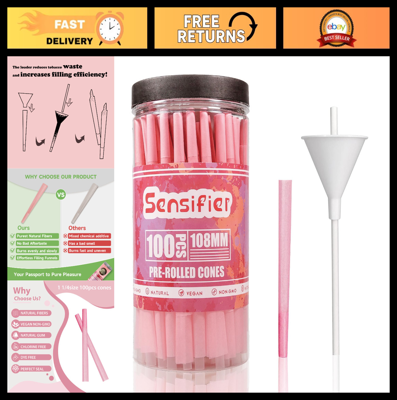 100 Pack Pink King Size Pre-Rolled Cones 108MM with Loader & Packing Sticks