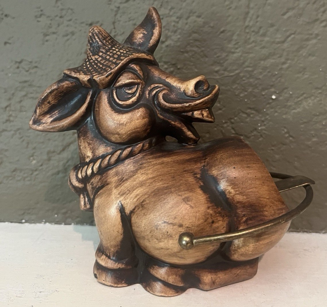 TREASURE CRAFT (CAL 1945-88) CERAMIC DONKEY ASHTRAY W/ BRASS SWING ARM-ca 1960s