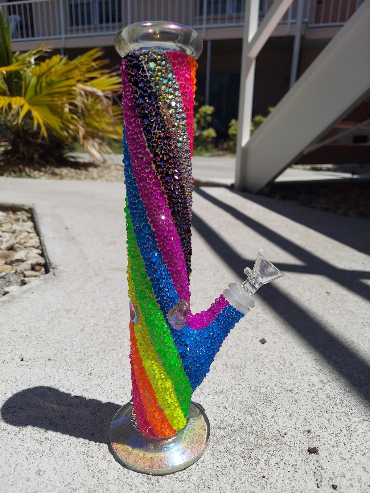 Neon Rainbow Rhinestone embellished water pipe vase glass 12″