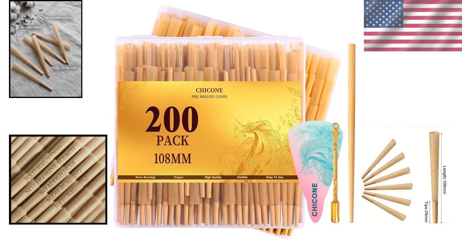 200 PACK Cones Rolling Paper | 108mm King Size Slow Burning | with Loader and…