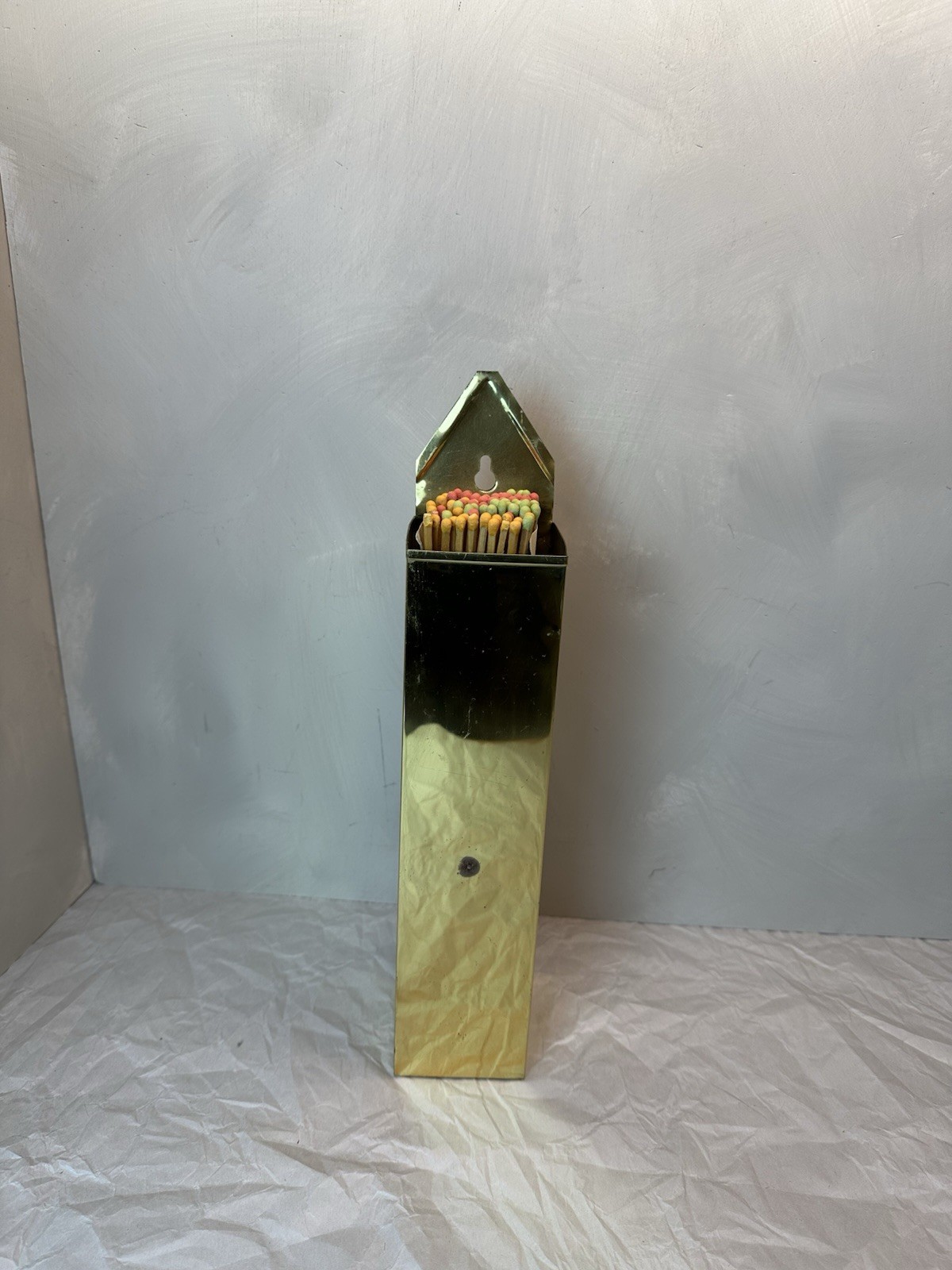 vintage lacquered brass square cylinder fireplace match holder wall mount 13″