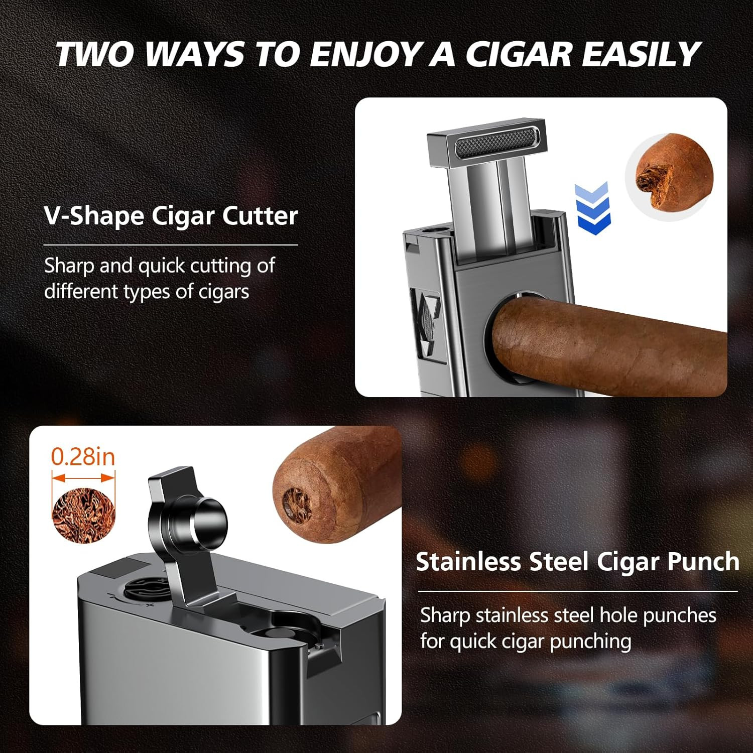 Cigar Torch Lighter, 4 Jet Flame Cigar Lighter with Cigar Cutter V Cut Cigar Acc
