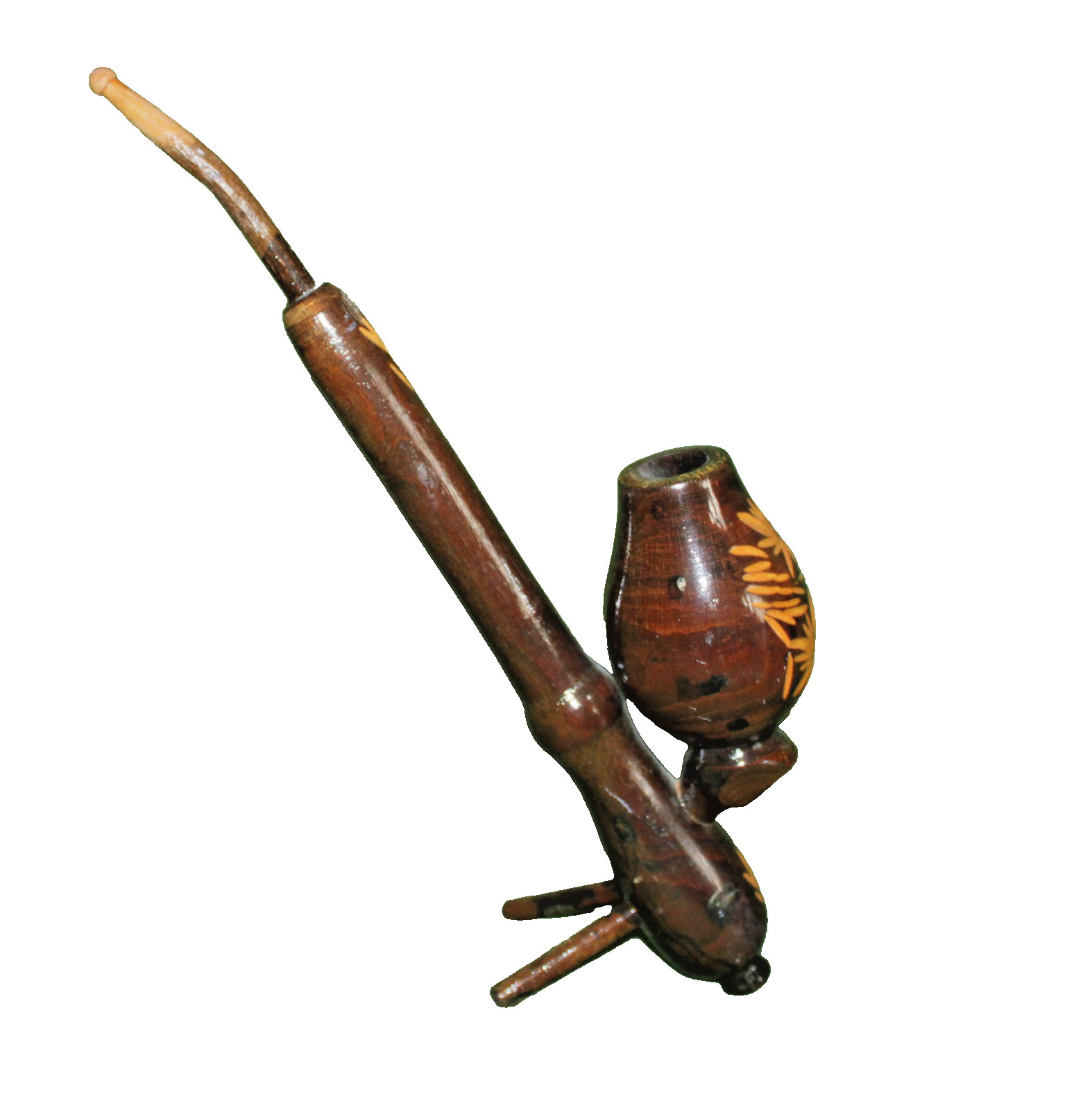 Hand Carved Pipe Lacquered Wood Floral Decoration Bent Twig Attached Stand