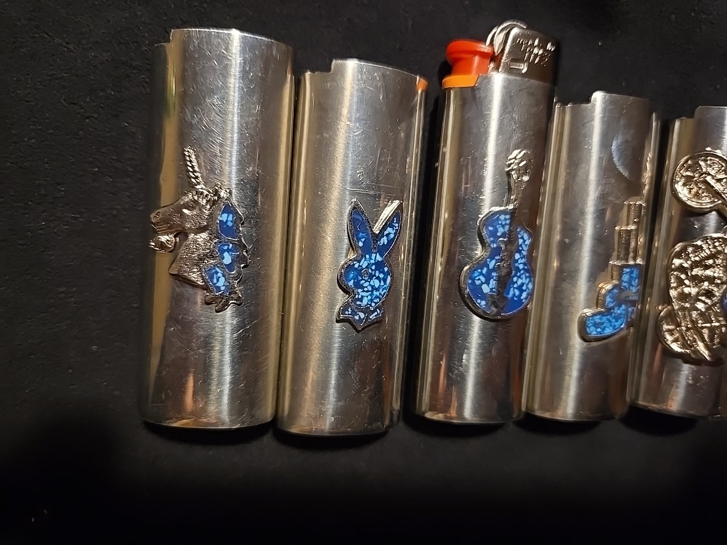 Vtg Lighter Case Lot Gun Motorcycle Playboy Bunny Cover Holder Turquoise for Bic