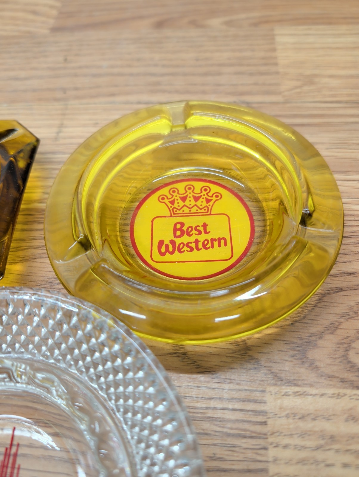 Lot Of 3 Vintage Hotel Amber Ashtrays Best Western, Kahler Clear