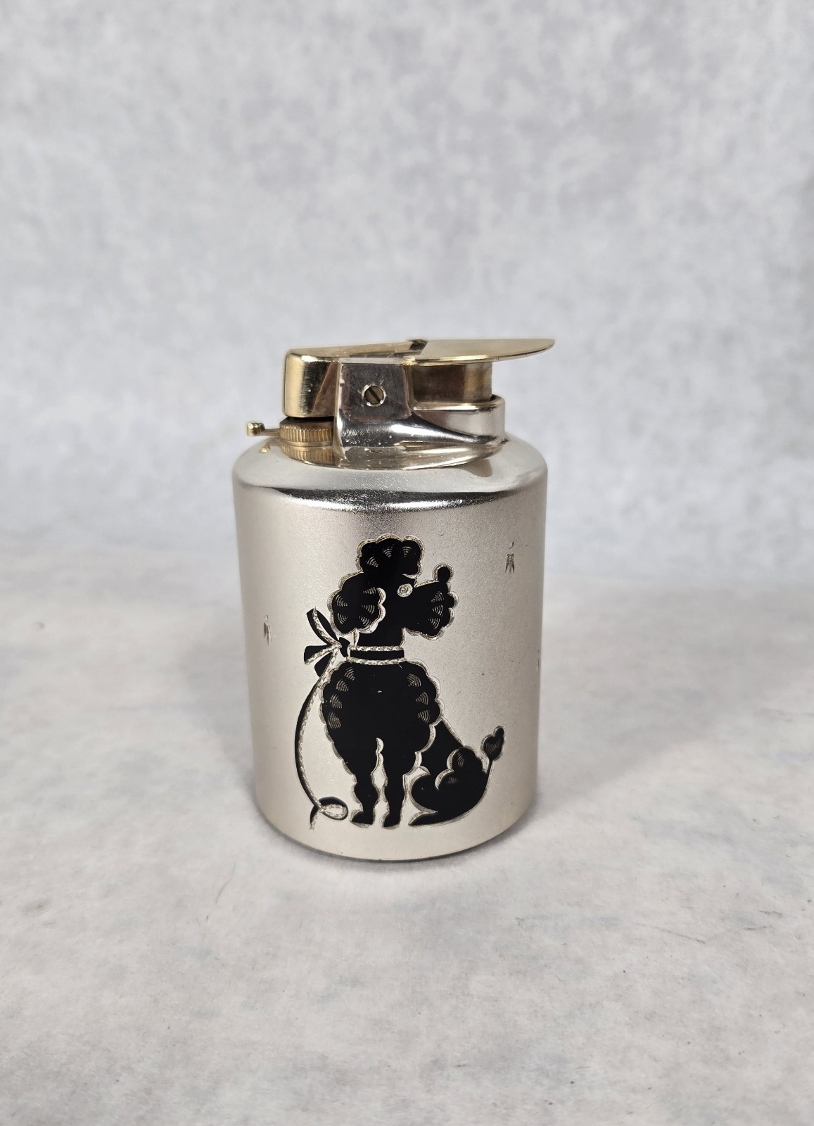 Vintage 1950’s Black Poodle Lighter Ronson Varaflame Brushed Gold NICE No Flint