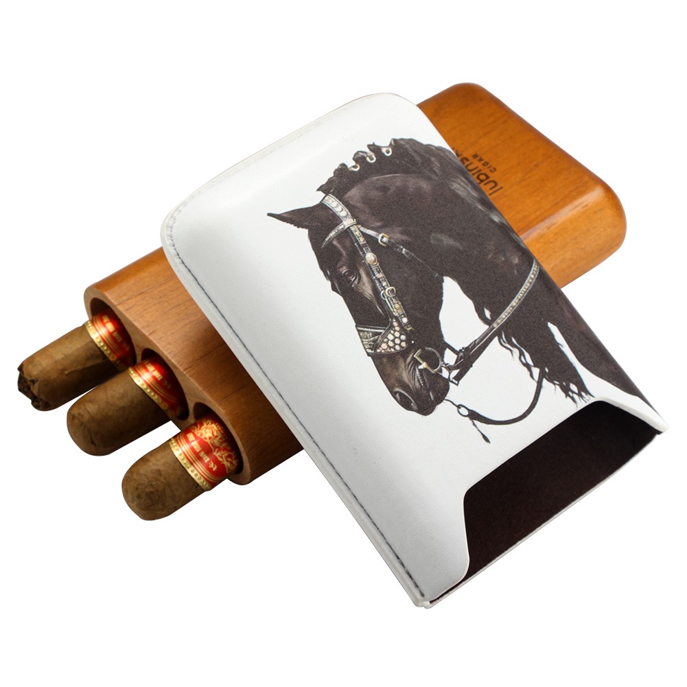 Lubinski Portable Cedar Wood Leather Cigar Case Fit 3ct Holder Travel Cigar Tube