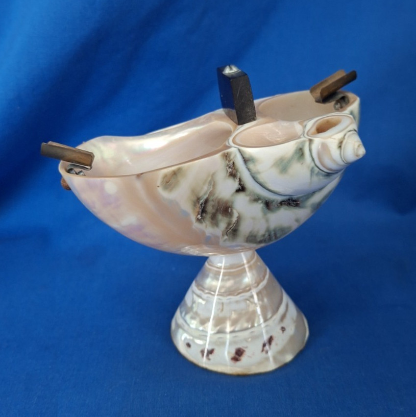 Vintage Carved Mother Of Pearl Nautilus Shell Ashtray Match Holder c1930’s