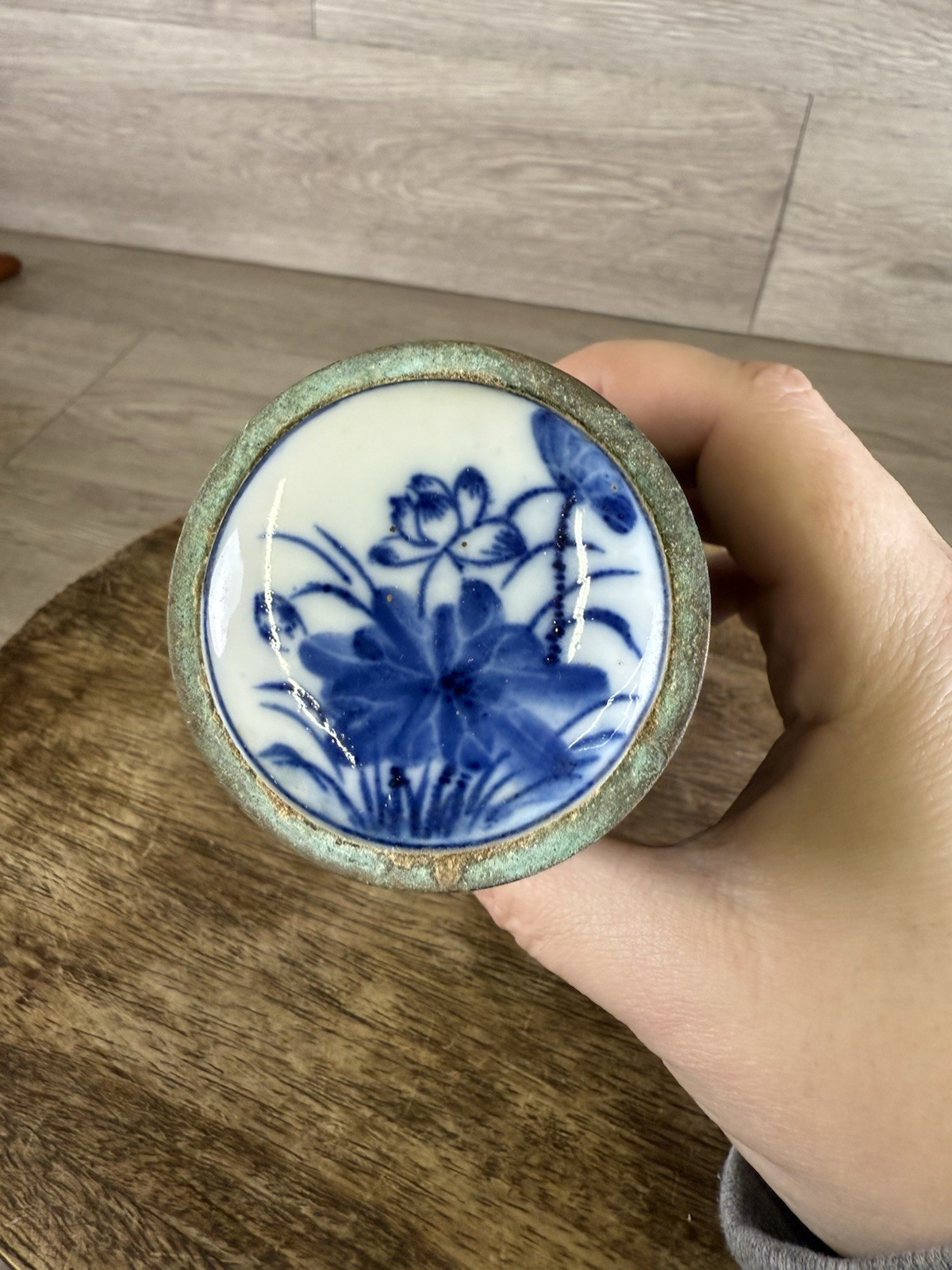 Vintage Brass Snuff Tobacco Jar with Hand Painted Blue Floral Delft Lid 3.5”