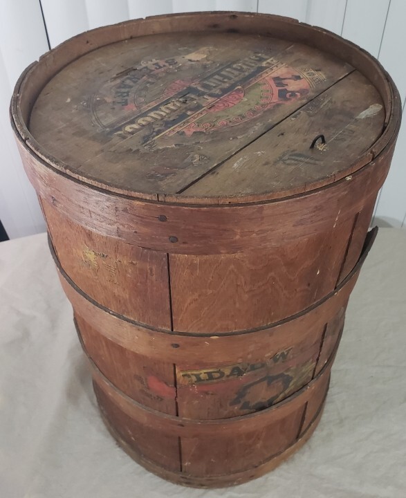 Antique Chewing Tobacco Wood Store Barrel Spaulding Merrick Stewart Ithica 22″