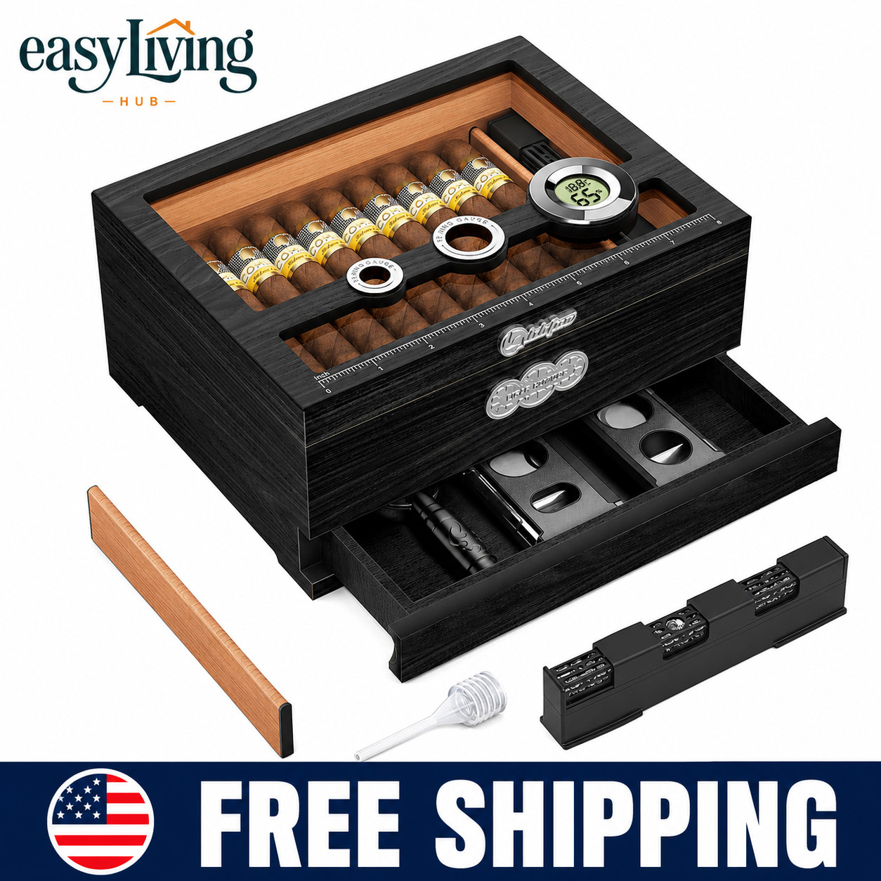 Cedar Wood Cigar Humidor Glass Top Desktop Box Digital Hygrometer Humidifier