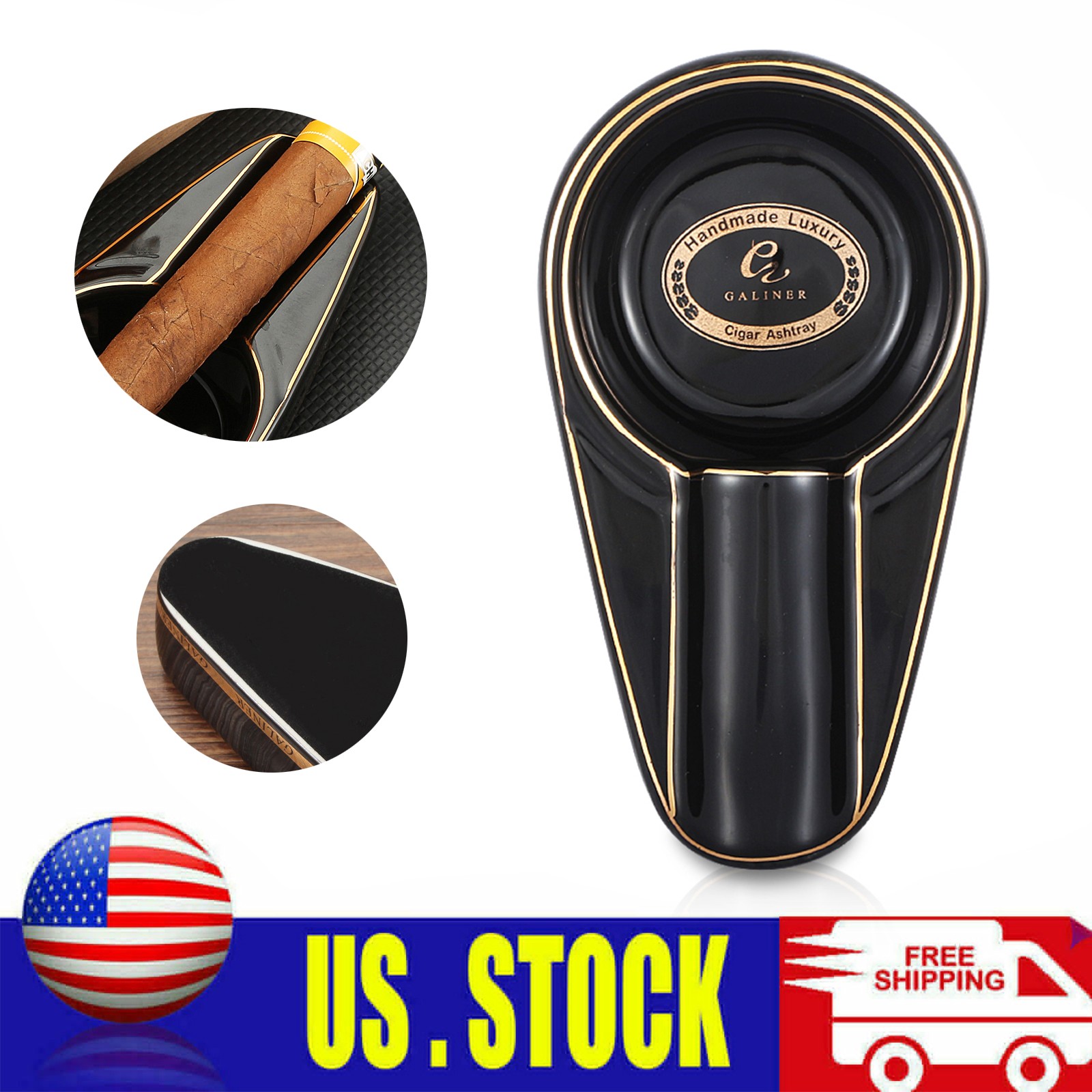 Galiner Ceramic Black Cigar Ashtray Outdoor Travel Cigarette 1ct Slot Holder