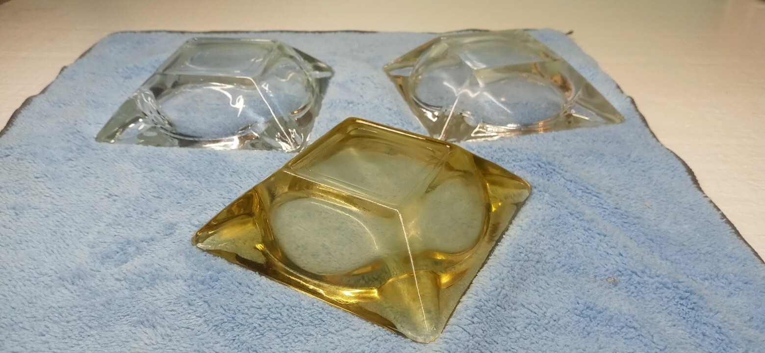 Ashtrays Vintage Thick Glass Lot of 3 Square 4 1/2 ” 1 Amber 2 Clear