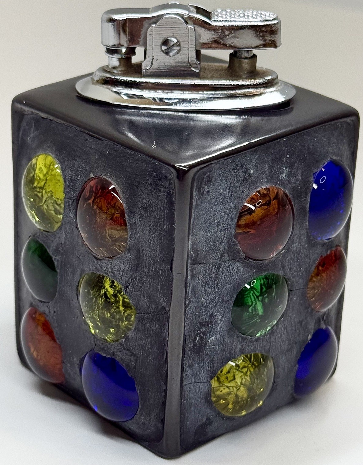 Vtg Multi-Colored Marble Table Top Gas Lighter Ceramic Polished Chrome Japan
