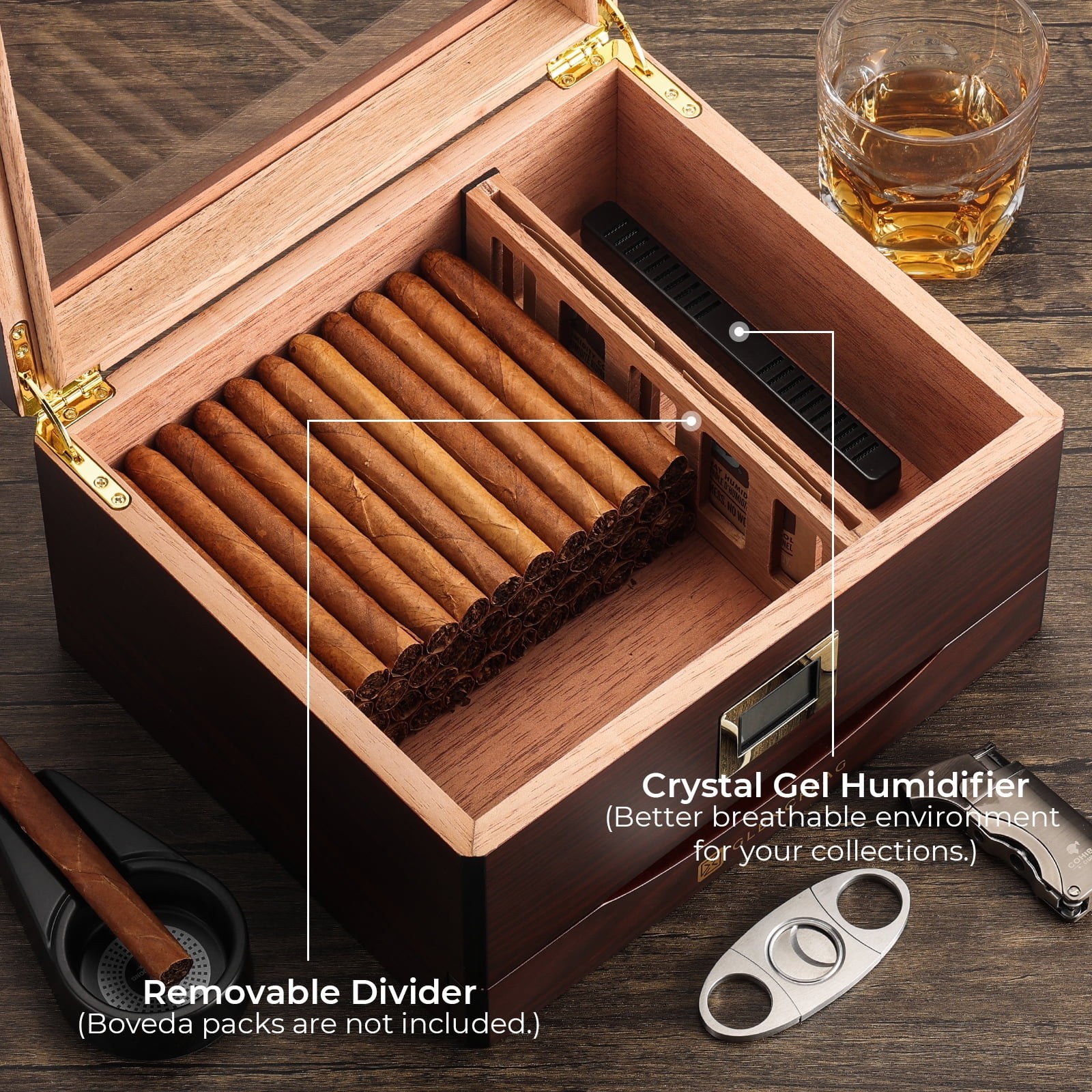 Glencreag MMT-3041 Cigar Humidor Glass Top Box W Spanish Cedar Lining BRAND NEWW