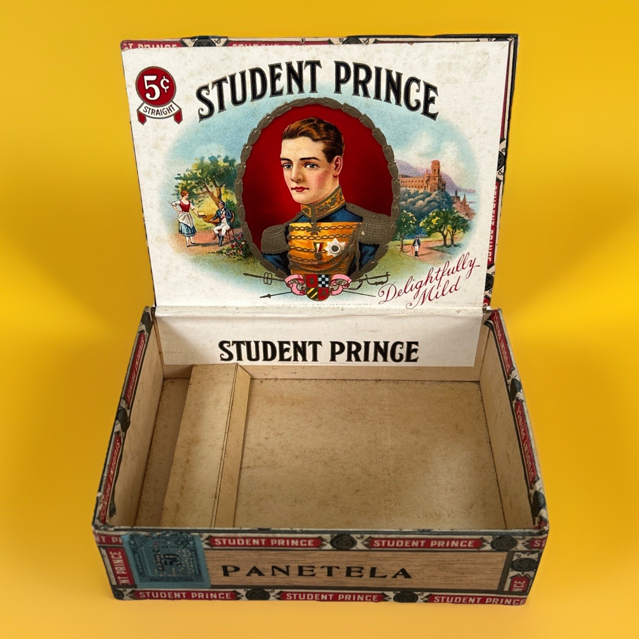 Vintage Student Prince Panetela Cigar Box EMPTY 1943 Tax Stamp J.C. Newman Ohio