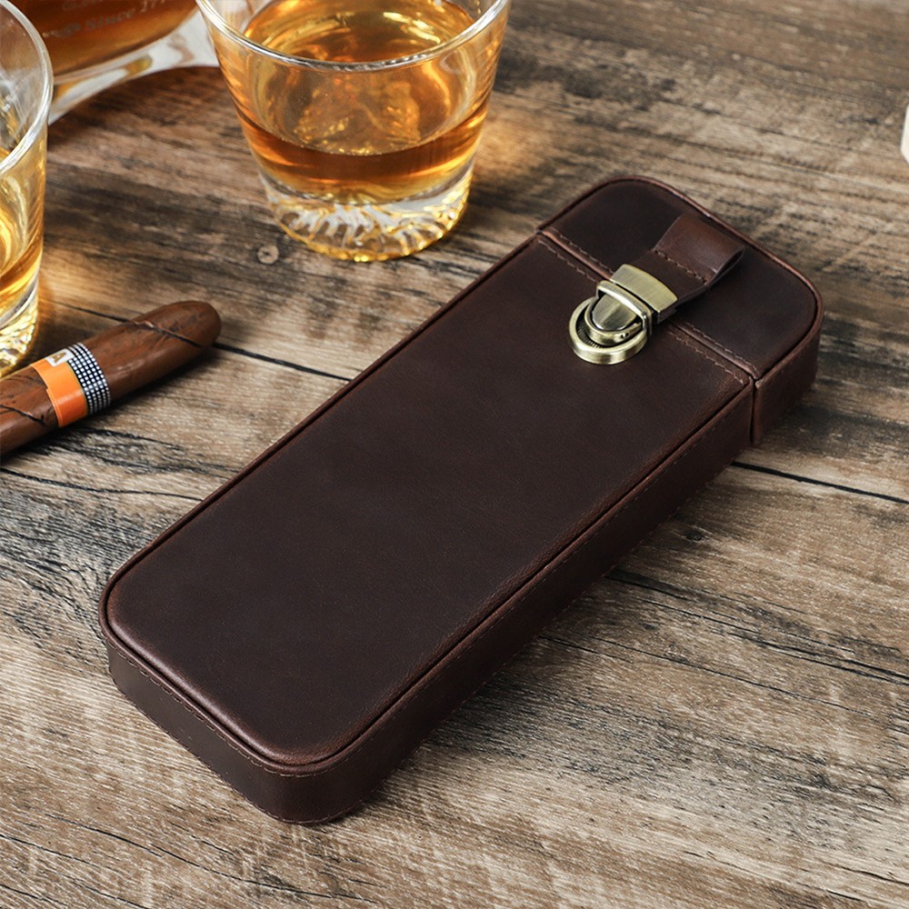 Vintage Leather Cigar Case 3 Slots Brass Buckle Crazy Horse Cowhide Handmade NEW