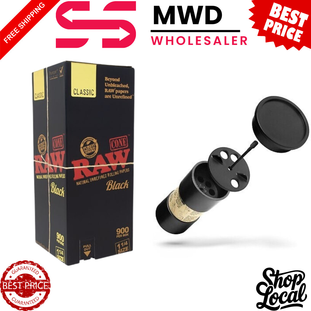 RAW Black 1 1/4 Cones 900ct + RAW Six Shooter Filler | Cone Loader for 1¼ Size
