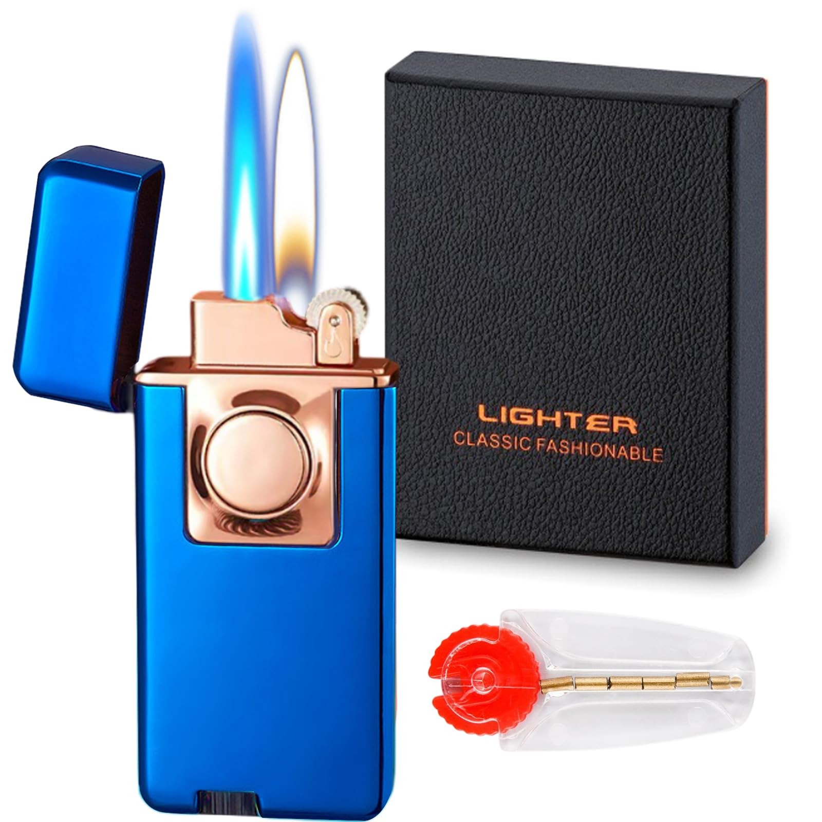 Jet Torch Dual Flame Lighter with 6pcs Flint Stone, Windproof Butane Gas, Adj…