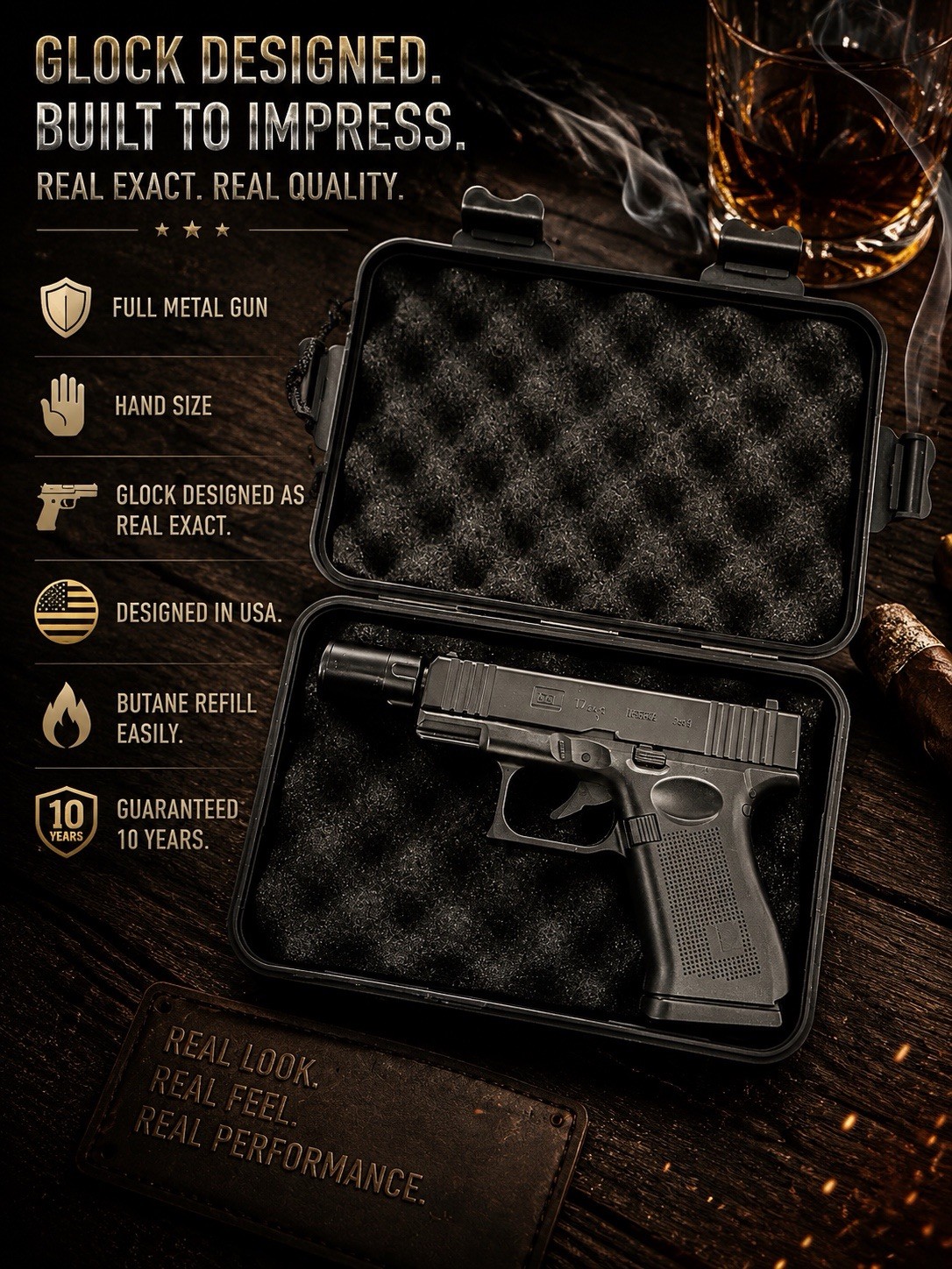 Gun Pistol LIGHTER Metal Jet Torch Flame. Full Glock Metal. With Suppressor